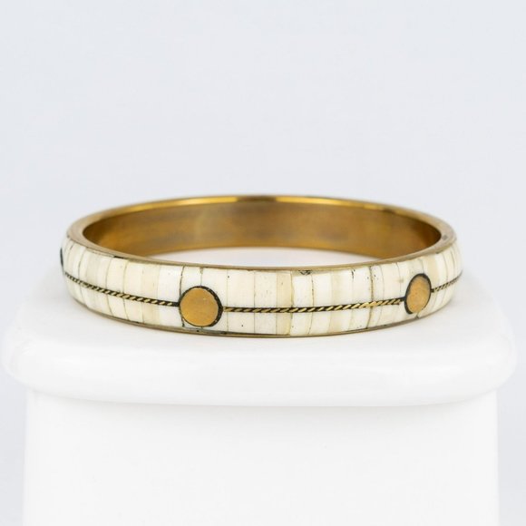 COPY - Brass Inlaid Bone Bangle Bracelet Panel Rectangle Off-White Circles Conv… - Picture 1 of 8